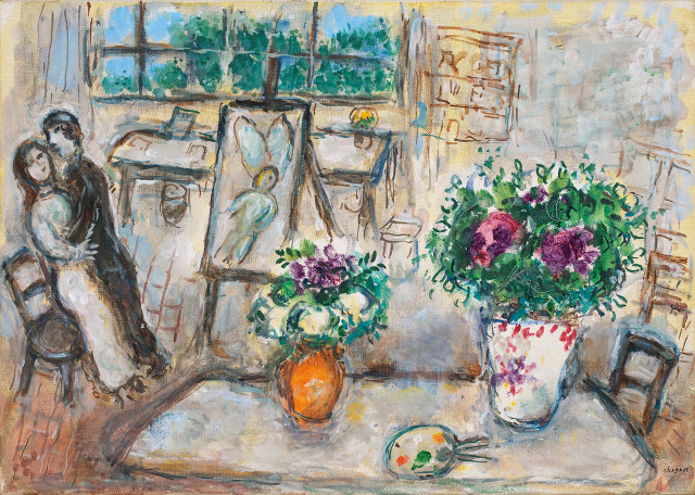 Marc Chagall  : Deux bouquets à l'atelier , 1972 