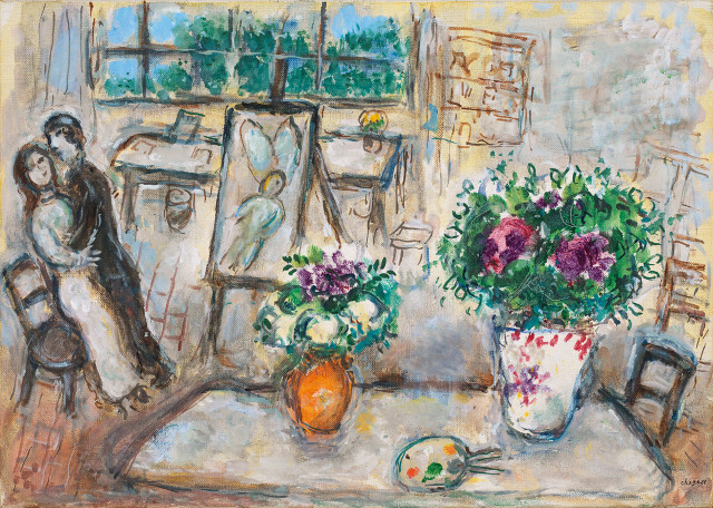 Marc Chagall : Deux bouquets à l'atelier, 1972