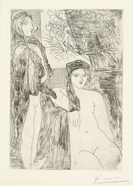 Pablo Picasso : Femme au voile, modèle assis et tête de ..., 1934 