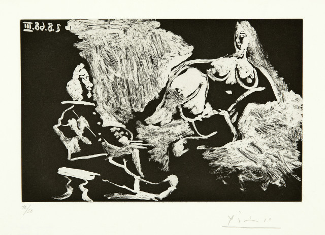 Pablo Picasso  : Peintre avec un modèle à demi allongé , Mougins, 2. August 1968 