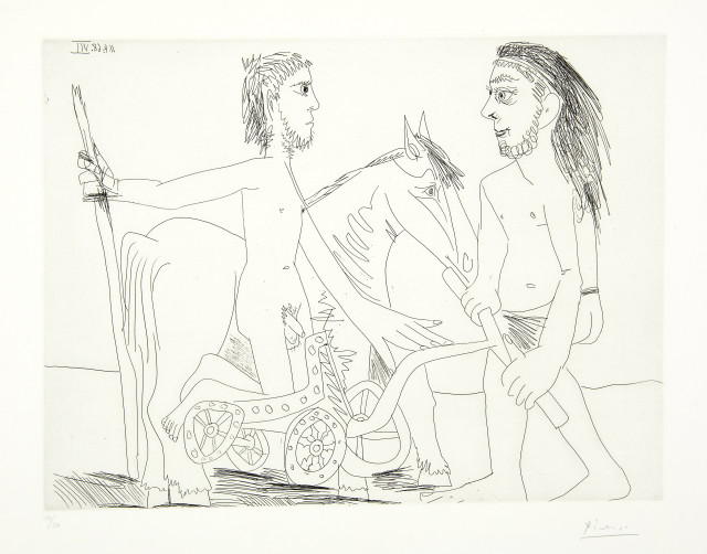 Pablo Picasso : Télévision: combat de chars à l'antique, Mougins, 11. April 1968 