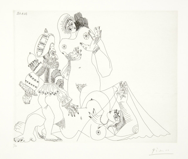 Pablo Picasso  : Polichinelle, avec deux femmes , Mougins, 30. April 1968 