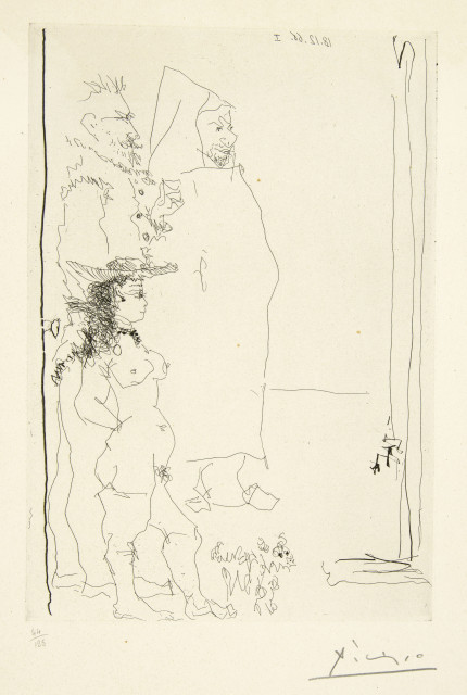 Pablo Picasso  : Trois personnages, dont une caricature d'apr ..., Mougins, 18. Dezember 1966 
