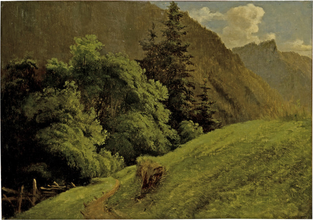 Alexandre Calame  : Lisière de fôret au bord d'une pente , 1857-1862 