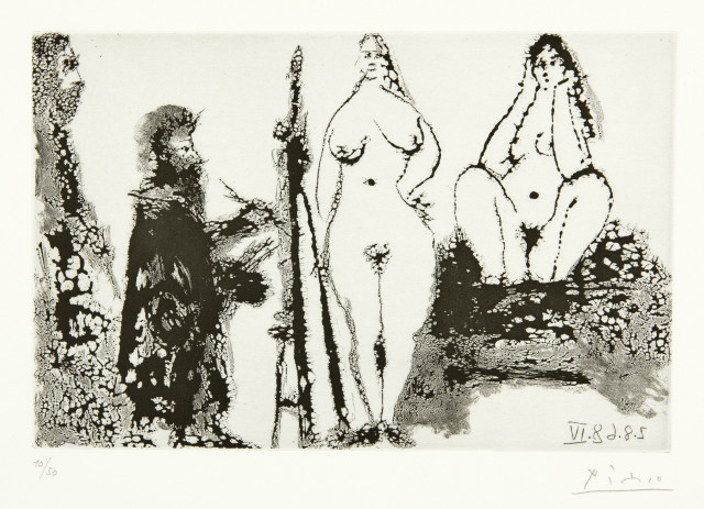 Pablo Picasso : Peintre barbu en robe de chambre, avec deux ..., Mougins, 2. August 1968 