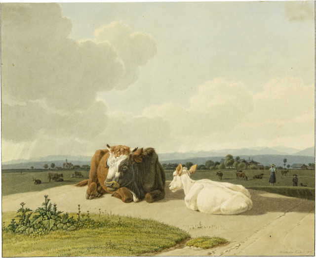 Wilhelm von Kobell : Landschaft mit zwei Kühen, im Hintergrund ..., 1826 
