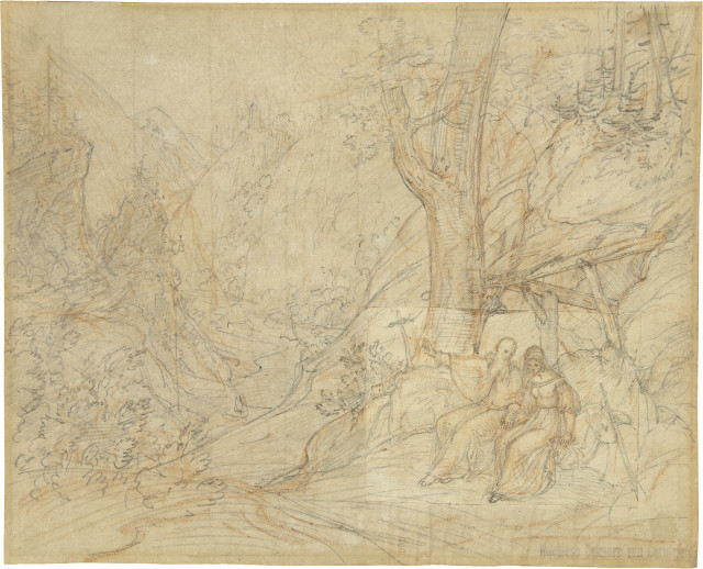 Ludwig Ferdinand  Schnorr von Carolsfeld  : Junges Mädchen mit Eremiten in gebirgiger  ...,  