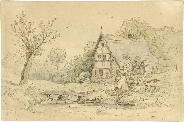 Adrian Ludwig Richter  : Familie am Bache - Im Frühling , 1857 