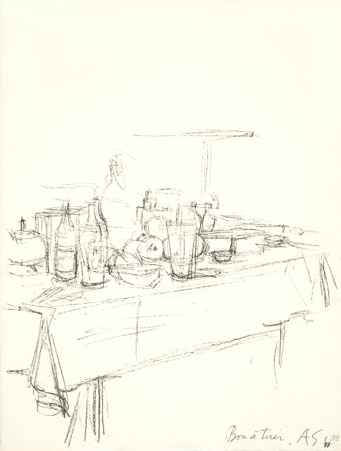 Alberto Giacometti  : Table festive avec bouteilles, fruits et  ..., 1958-1965 
