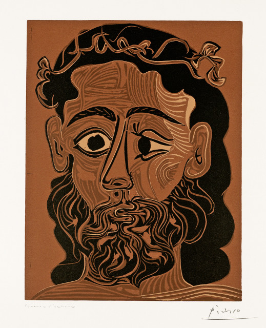 Pablo Picasso  : Homme barbu couronné de feuilles de vigne , 2. März 1962 