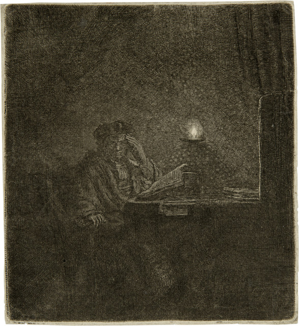 Rembrandt Harmensz. van Rijn  : Nachdenkender Mann bei Kerzenlicht , um 1642 