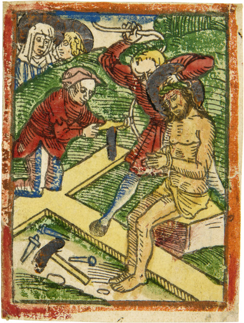 Einblattholzschnitt 15. Jahrhundert : Vorbereitungen zur Kreuzigung , Augsburg, um 1475 
