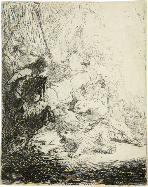 Rembrandt Harmensz. van Rijn : Die kleine Löwenjagd, mit zwei Löwen, um 1629 
