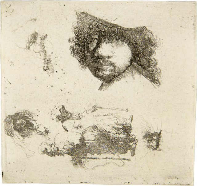 Rembrandt Harmensz. van Rijn : Studienblatt mit einem Selbstbildnis und  ..., um 1632