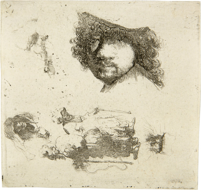 Rembrandt Harmensz. van Rijn : Studienblatt mit einem Selbstbildnis und ..., um 1632 