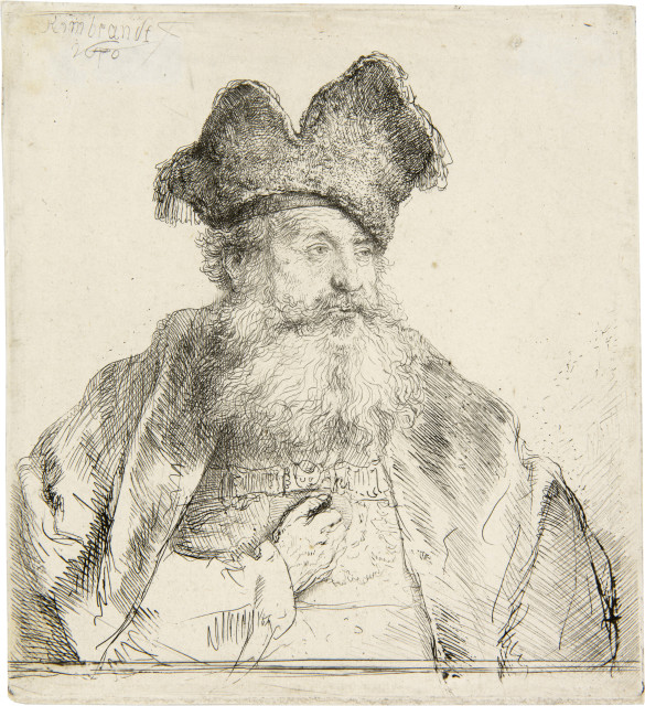 Rembrandt Harmensz. van Rijn  : Alter Mann mit gespaltener Pelzmütze , 1640 