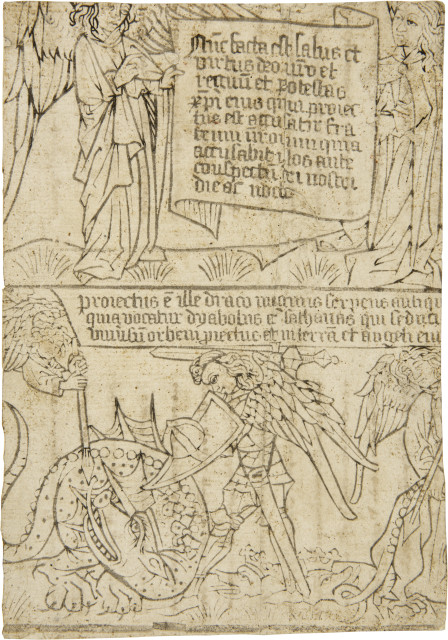 Blockbuchseite 15. Jahrhundert : Blatt eines Blockbuches Apokalypse, a. Das  ..., Niederlande oder Süddeutschland, um 1450