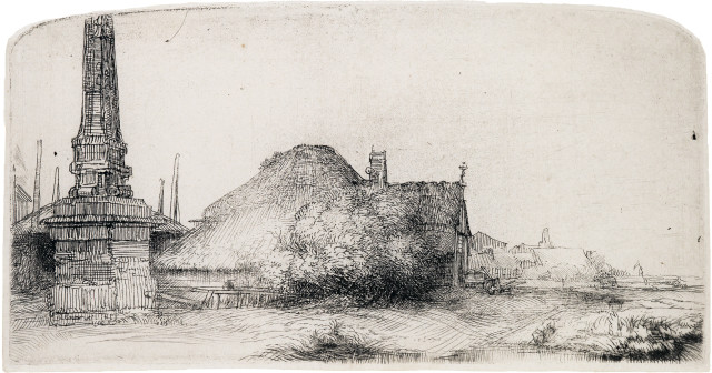 Rembrandt Harmensz. van Rijn  : Die Landschaft mit dem Meilenstein bei  ..., um 1650 