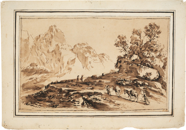 Il Guercino (Giovanni Francesco Barbieri)  : Maultierkolonne in gebirgiger Landschaft , um 1645 