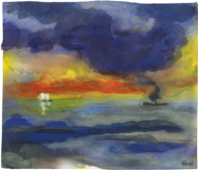 Emil Nolde : Meeraquarell mit rauchendem Dampfer und zwei ..., spring 1946