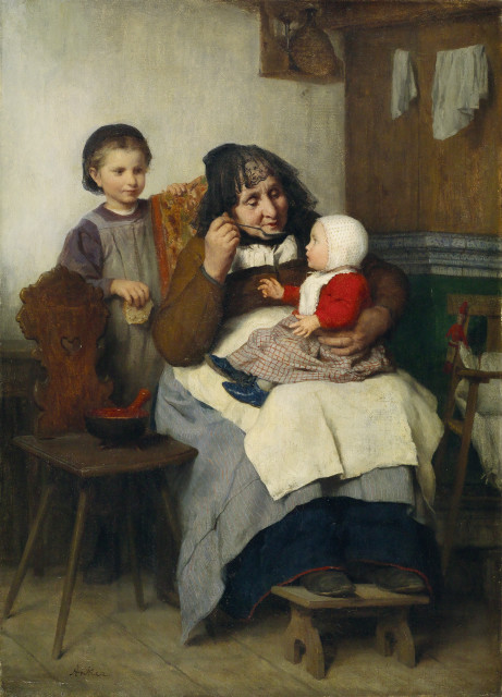 Albert Anker  : Grossmutter, ihrem Enkelkind die Suppe  ..., 1868