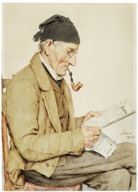 Albert Anker  : Bauer mit Pfeife beim Lesen des Seeländer  ..., 1903