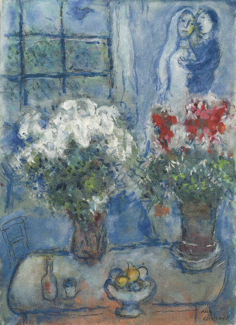 Marc Chagall : Deux bouquets et amoureux sur fond bleu, 1975-1976 