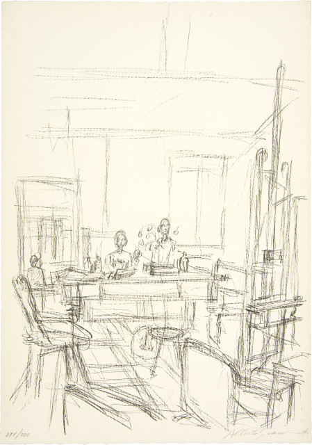 Alberto Giacometti  : Sculptures sur la grande table de l'atelier  ..., 1965