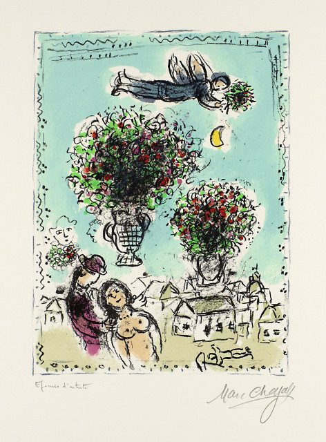 Marc Chagall  : Bouquets au ciel bleu , March 1984