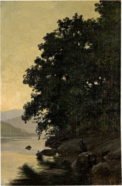 Robert Zünd : Seeufer mit Bäumen, Abendstimmung, 19 August 1867