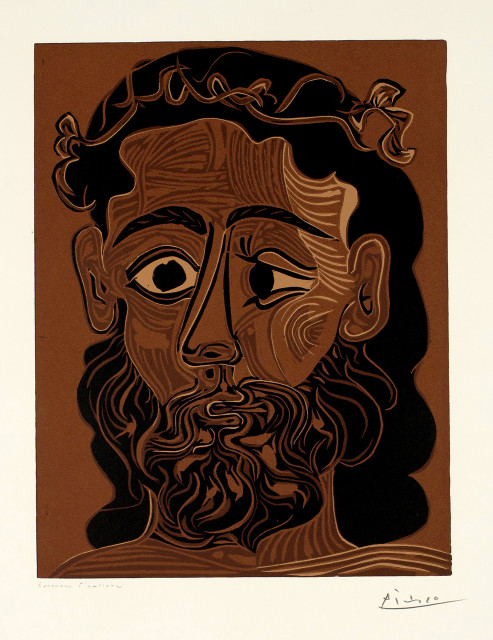 Pablo Picasso  : Homme barbu couronné de feuilles de vigne , Mougins, 2. März 1962 