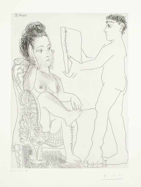 Pablo Picasso : Jeune homme présentant un miroir, ou un ..., Mougins, 6 April 1968