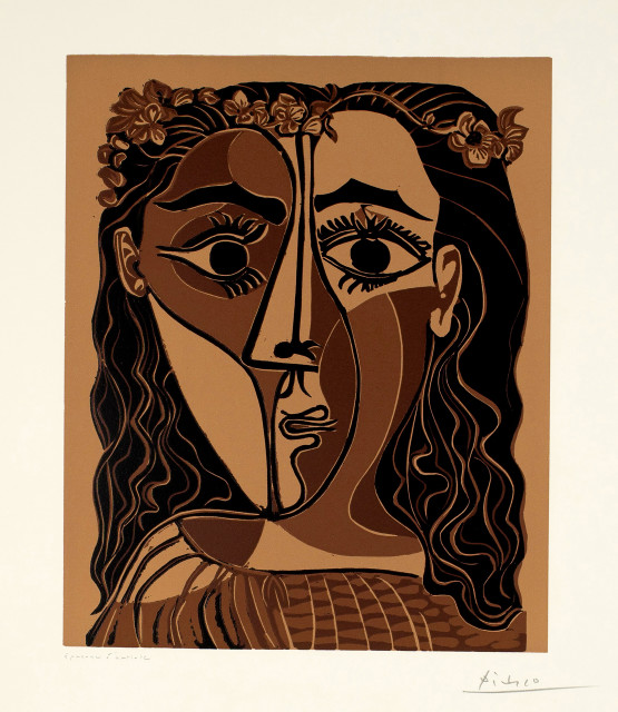 Pablo Picasso  : Petite tête de femme couronnée de fleurs , Mougins, 20 February 1962