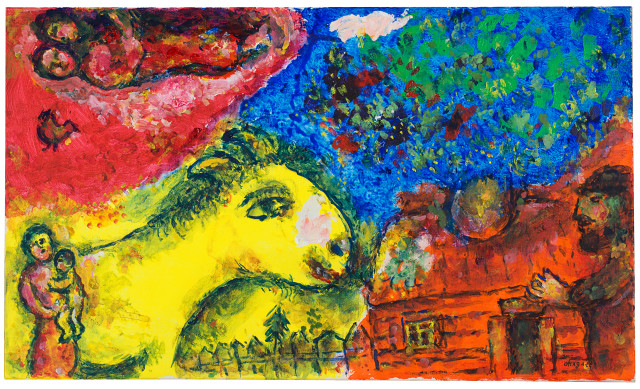 Marc Chagall : La visite du bouc sur fond jaune, Circa 1978