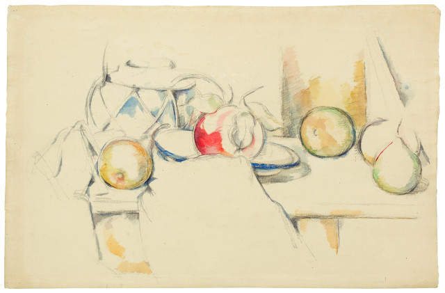 Paul Cezanne  : Pot à gingembre avec fruits et nappe , 1888-1890