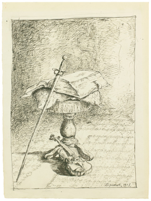 Alberto Giacometti : Livre sur un guéridon, sabre et violon, 1918