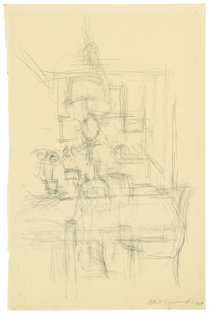 Alberto Giacometti  : Das Wohnzimmer in Stampa mit Tisch und Lampe , 1964 