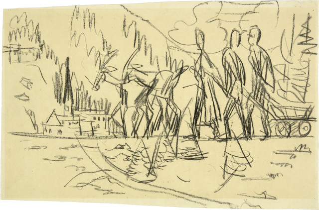 Ernst Ludwig Kirchner  : Bäuerin und zwei Bauern mit Leiterwagen und  ..., Circa 1924