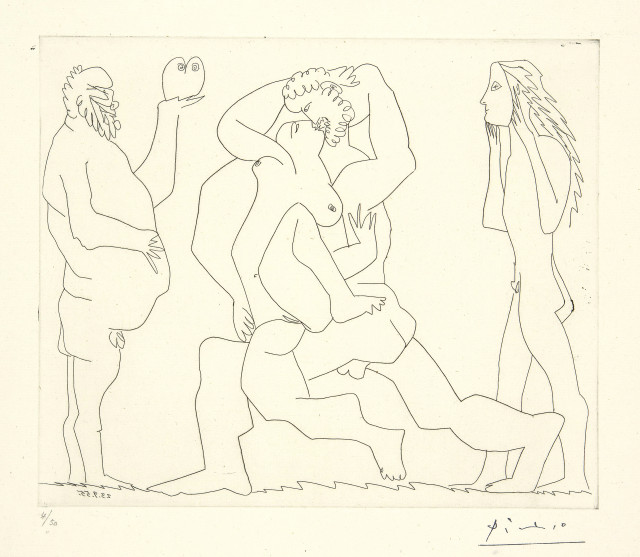 Pablo Picasso : Bacchanale au hibou et au jeune homme masqué..., Cannes, 23 September 1955