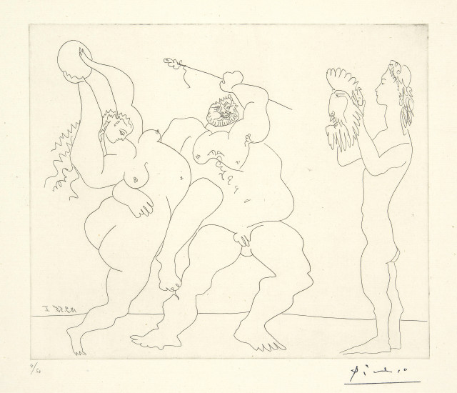 Pablo Picasso : Bacchanale avec jeune homme au masque, Cannes, 18 September 1955