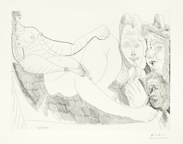 Pablo Picasso  : Femme au lit avec visiteurs en costume du  ..., Mougins, 29 March 1971