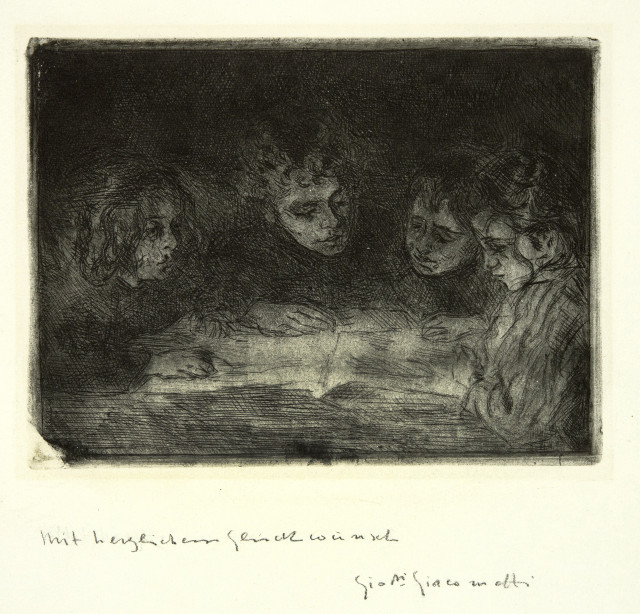 Giovanni Giacometti : Alberto, Diego, Ottilia und Bruno beim Lesen, Circa 1912