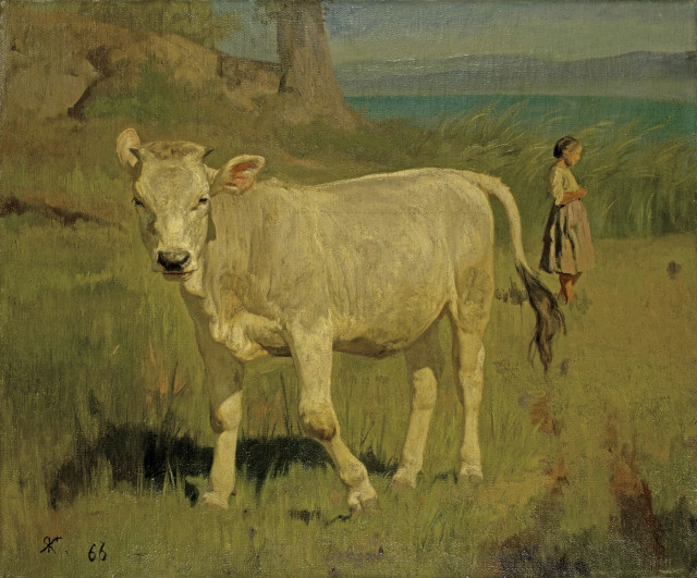 Rudolf Koller  : Seelandschaft mit Kuh und Hirtenmädchen , 1866