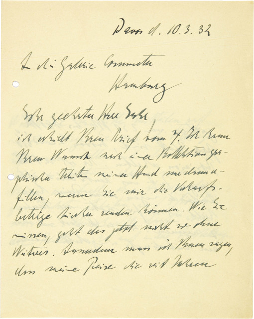 Ernst Ludwig Kirchner : Handschriftlicher Brief an Wilhelm Suhr, ..., 10 March 1932