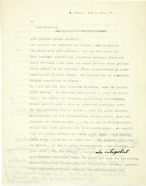 Ernst Ludwig Kirchner : Doppelseitiger typographischer Text an ..., 8 December 1937