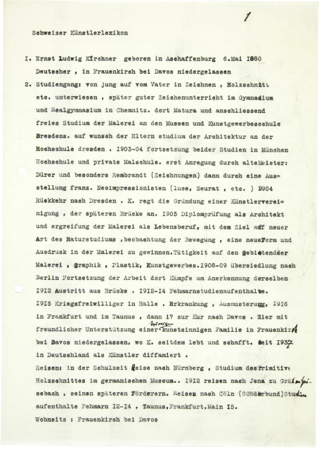 Ernst Ludwig Kirchner  : Typoskript mit einem selbst verfassten  ..., Undated, certainly around 1937/1938