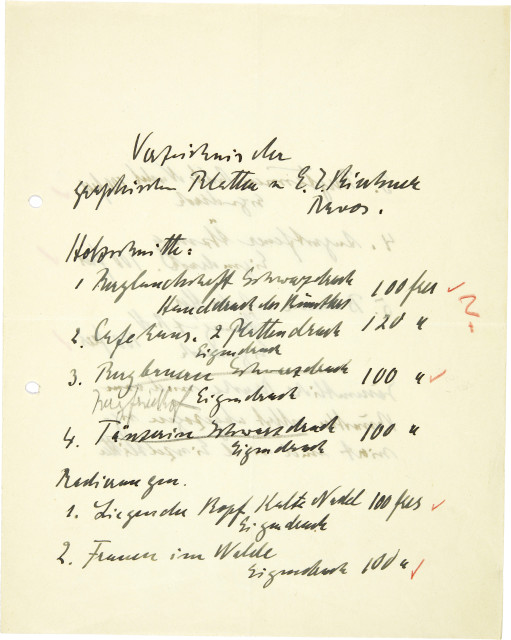 Ernst Ludwig Kirchner : Handschriftliches 'Verzeichnis der ..., Undated