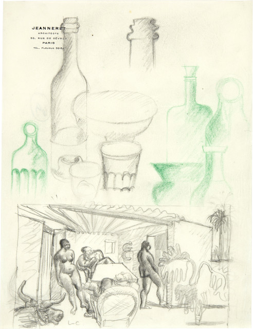 Le Corbusier : Bouteilles et verres - scène cocasse au Bré..., Circa 1929