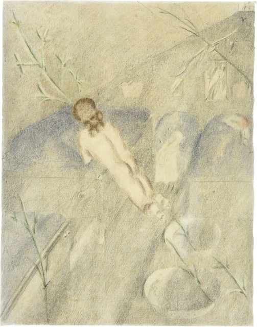 Otto Meyer-Amden : Vor dem Bett kniender nackter Knabe und ..., Circa 1913-1917
