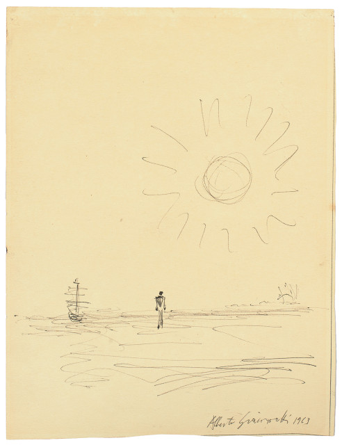 Alberto Giacometti  : Paysage avec homme, bateau et soleil , 1963